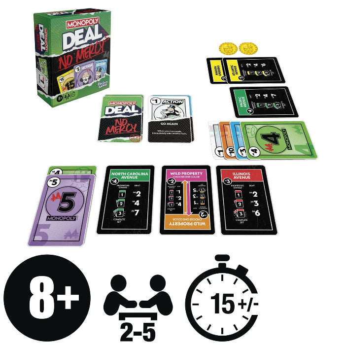 Adventure Awaits Monopoly Deal No Mercy card game set with playing cards, money cards and quick gameplay icons