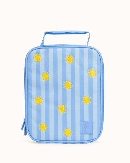 Montii kids insulated lunch bag with blue stripe and yellow sun print, compact lunch bag with handle for school, outings or travel Adventure Awaits