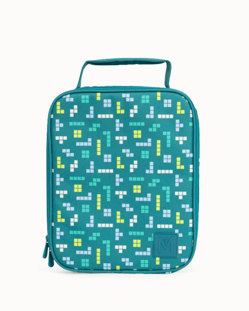 Montii kids insulated lunch bag with teal pixel pattern print, compact lunch bag with handle for school, outings or travel Adventure Awaits