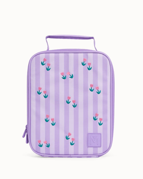 Montii kids insulated lunch bag with purple stripe and floral print, compact lunch bag with handle for school, outings or travel Adventure Awaits