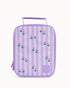 Montii kids insulated lunch bag with purple stripe and floral print, compact lunch bag with handle for school, outings or travel Adventure Awaits