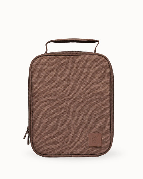 Montii kids insulated lunch bag with brown animal print design, compact lunch bag with handle for school, outings or travel Adventure Awaits