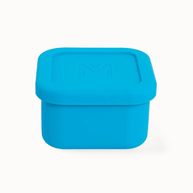 Coastal blue Montiico snack container with fitted lid on a plain background — Adventure Awaits