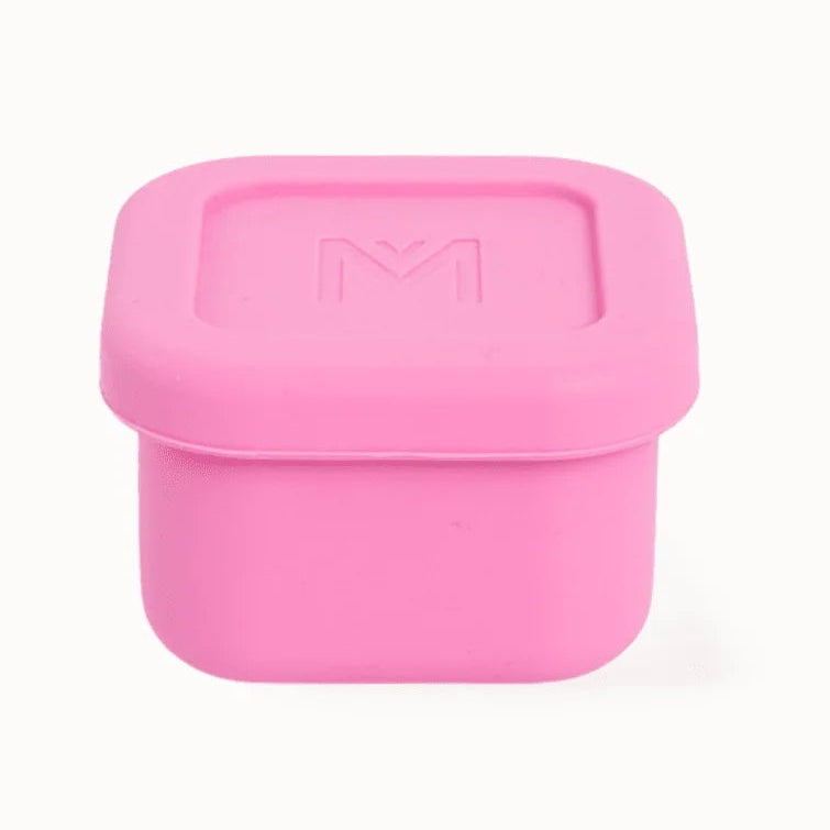 Floss pink Montiico snack container with fitted lid on a plain background — Adventure Awaits