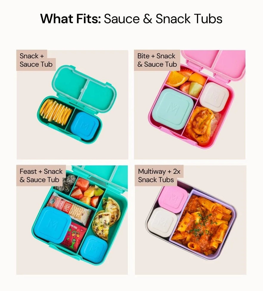 Montiico sauce and snack tubs shown fitting Bite, Feast, Multiway and snack lunchboxes — Adventure Awaits