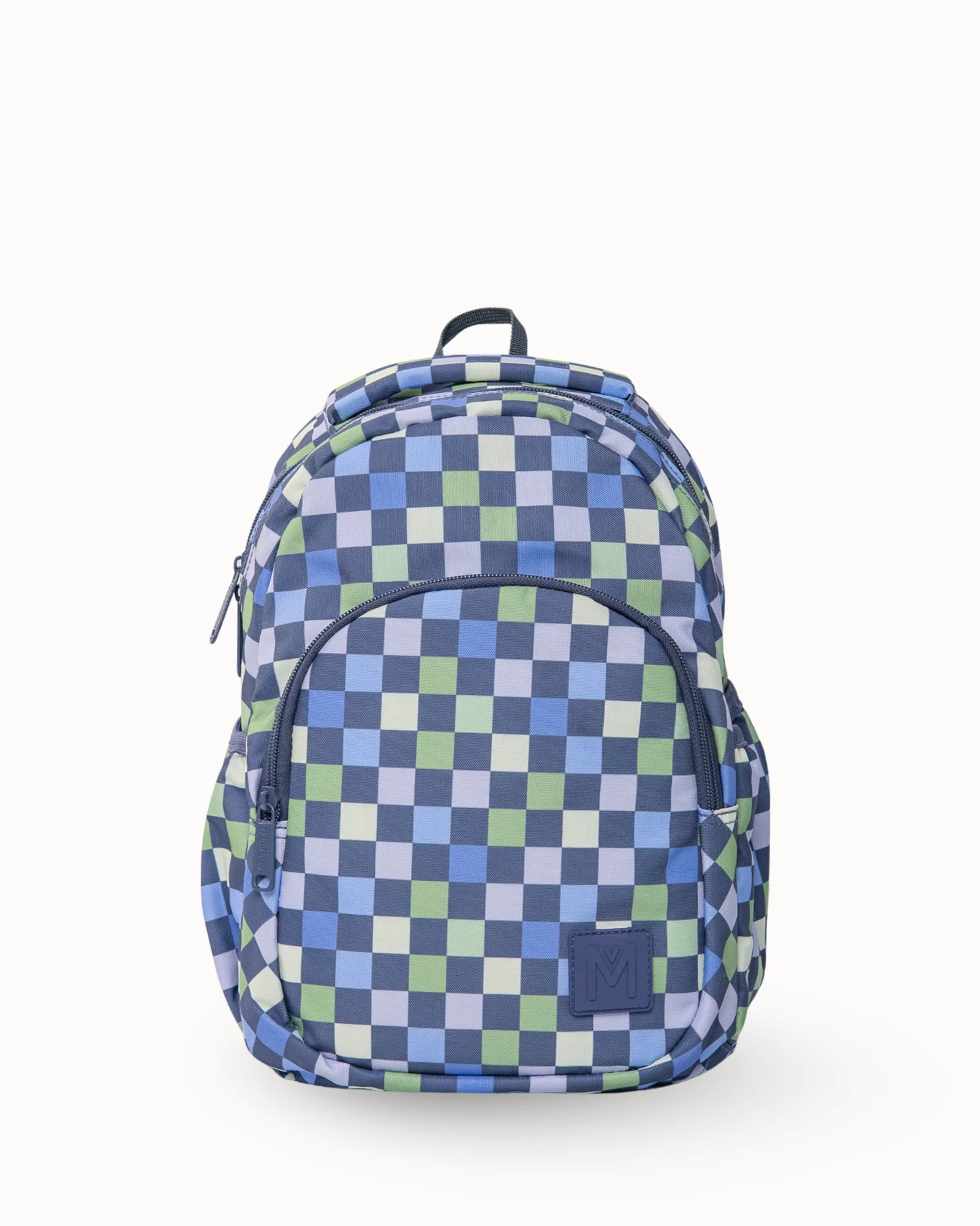 Checkered backpack with blue and green pattern on a white background