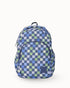 Checkered backpack with blue and green pattern on a white background