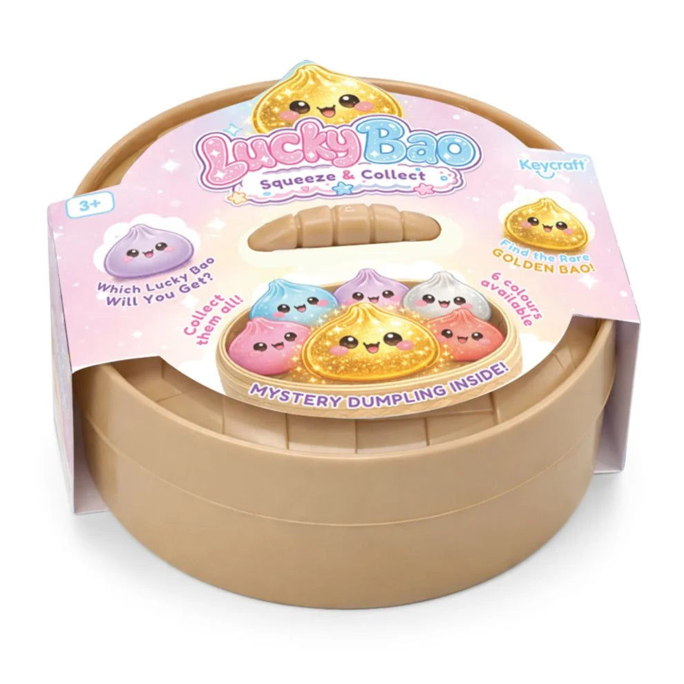 Lucky Bao toy packaging with colourful dumpling figures on a white background