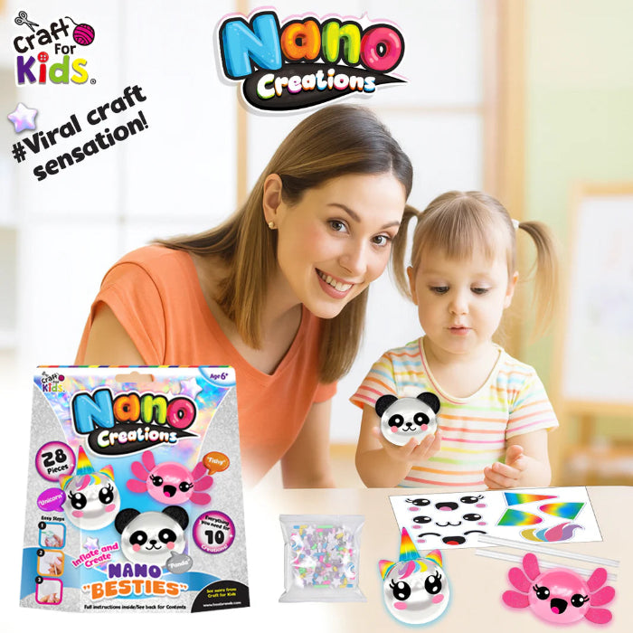 mother and child using Craft for Kids Nano Creations Nano Besties kit to make cute inflatable animal characters for sensory craft fun Adventure Awaits