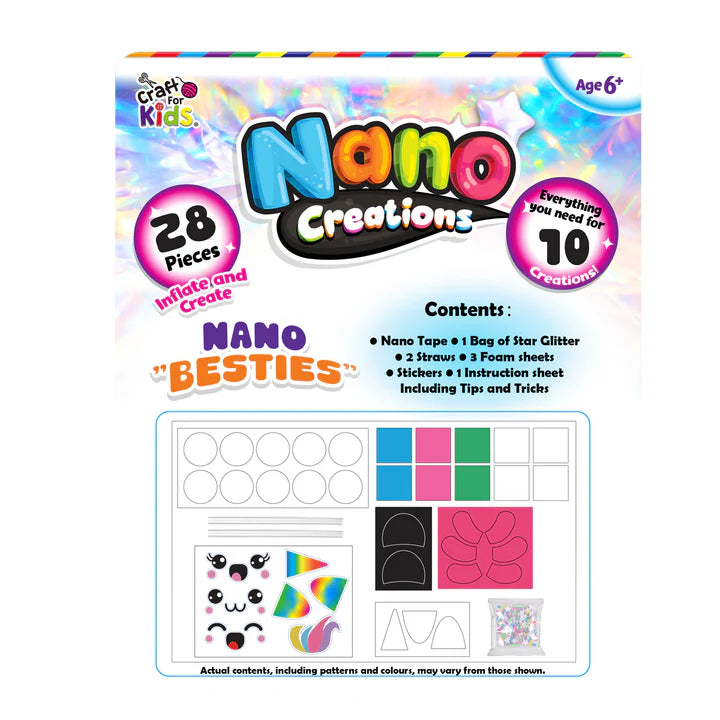 Craft for Kids Nano Creations Nano Besties kit back packaging showing included nano tape, glitter, stickers and DIY inflatable character craft contents Adventure Awaits