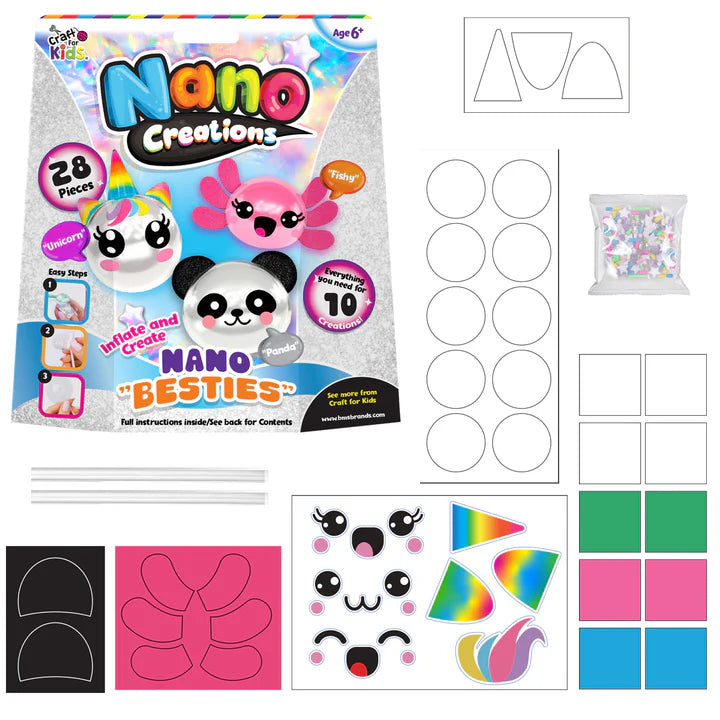 Craft for Kids Nano Creations Nano Besties DIY kit contents including inflatable character templates, stickers, accessories and sensory craft materials Adventure Awaits