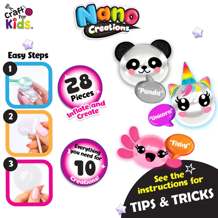 Craft for Kids Nano Creations Nano Besties instructions showing cute inflatable panda, unicorn and fishy characters with easy DIY sensory craft steps Adventure Awaits