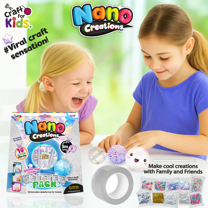 two children using Craft for Kids Nano Creations glitter pack to make colourful inflatable sensory bubble crafts with nano tape and glitter mix ins Adventure Awaits