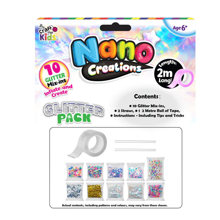 Craft for Kids Nano Creations glitter pack back packaging showing included nano tape, glitter mix ins, straws and DIY sensory craft contents Adventure Awaits