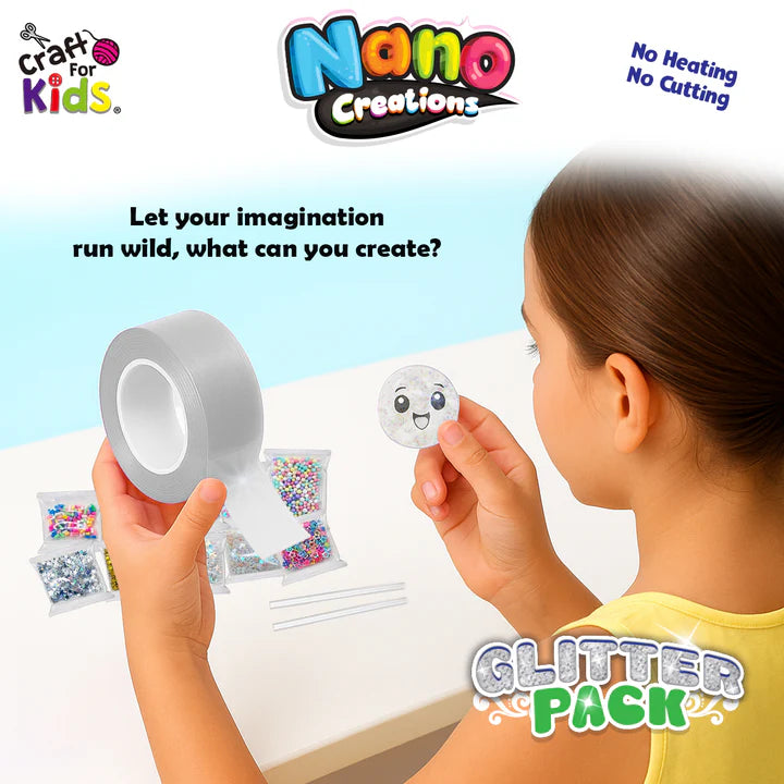child using Craft for Kids Nano Creations glitter pack with nano tape and glitter accessories to create fun inflatable sensory bubble crafts Adventure Awaits
