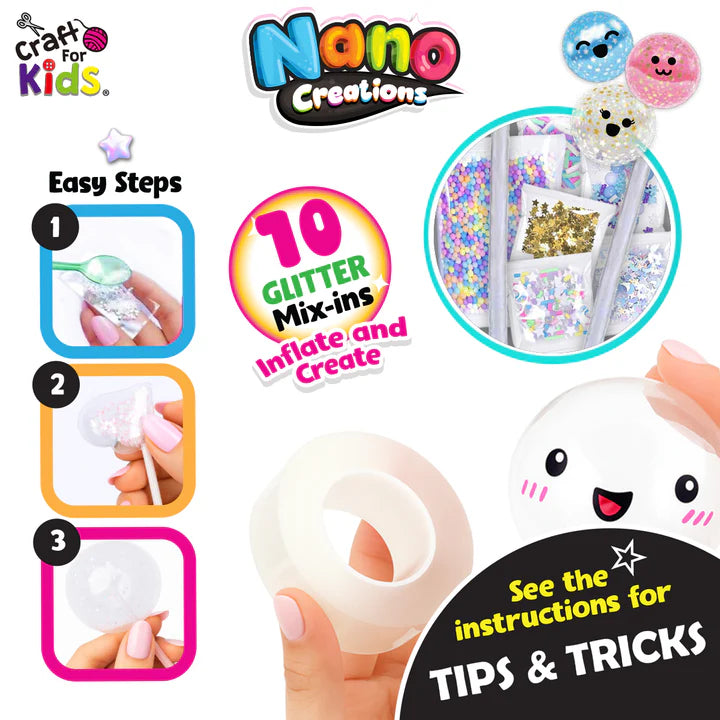 Craft for Kids Nano Creations glitter pack instructions showing easy DIY steps for making inflatable sensory bubble crafts with glitter mix ins Adventure Awaits