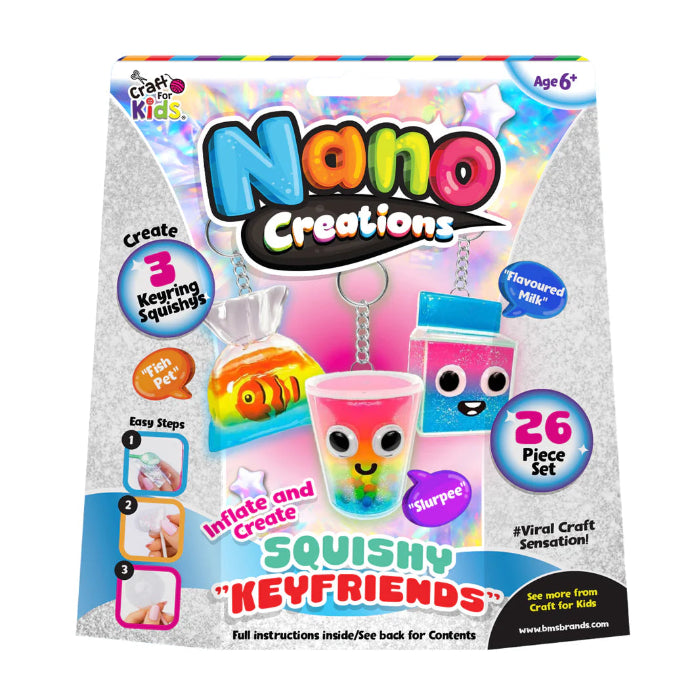 Craft for Kids Nano Creations Squishy Keyfriends DIY kit with cute inflatable keyring squishy characters including fish pet, slurpee and flavoured milk Adventure Awaits