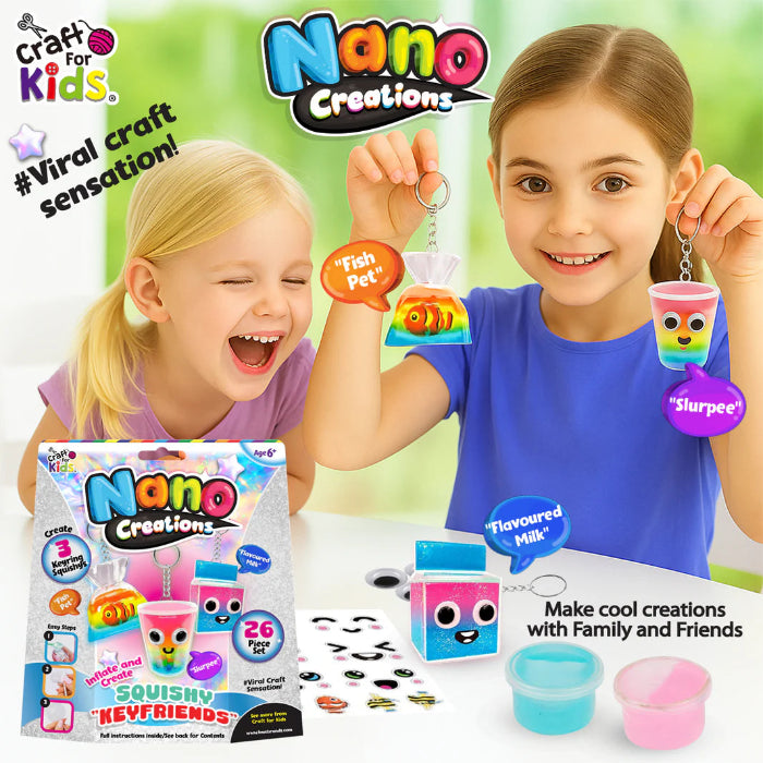 two children showing Craft for Kids Nano Creations Squishy Keyfriends DIY keychain squishy creations including fish pet, slurpee and flavoured milk characters Adventure Awaits