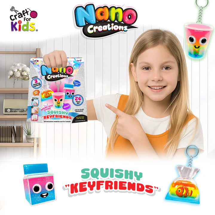smiling child holding Craft for Kids Nano Creations Squishy Keyfriends kit with colourful DIY inflatable keychain squishy characters including fish and drink designs Adventure Awaits