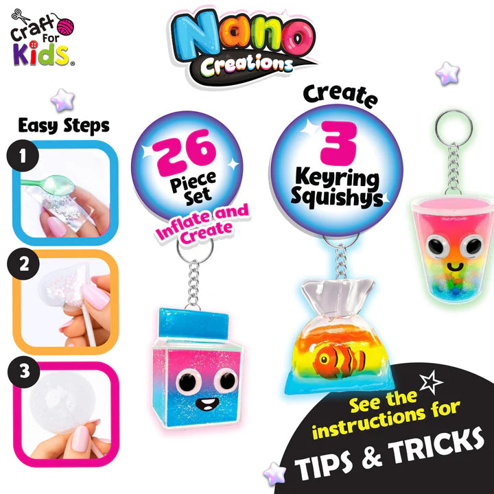 Craft for Kids Nano Creations Squishy Keyfriends instructions showing easy DIY steps for making colourful inflatable keychain squishy characters Adventure Awaits