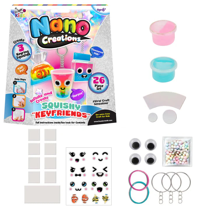 Craft for Kids Nano Creations Squishy Keyfriends kit contents with DIY keychain squishy craft accessories, stickers, beads and inflatable character supplies Adventure Awaits