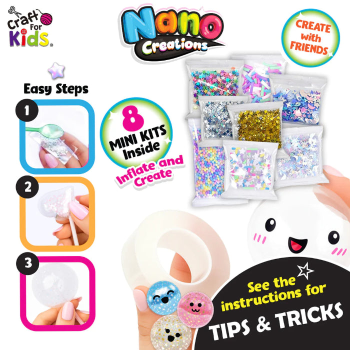 Craft for Kids Nano Creations party pack instructions showing glitter mix ins, nano tape and easy DIY steps for inflatable sensory bubble crafts Adventure Awaits