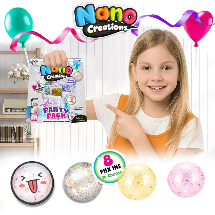 smiling child holding Craft for Kids Nano Creations party pack with glitter sensory bubble creations and colourful DIY mix ins for creative party fun Adventure Awaits
