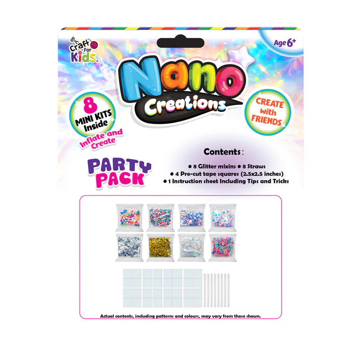 Craft for Kids Nano Creations party pack back packaging showing glitter mix ins, straws and pre cut nano tape squares for DIY sensory crafts Adventure Awaits