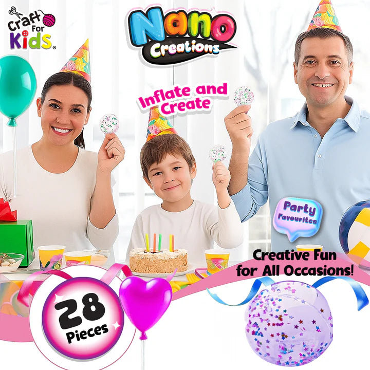 family wearing party hats using Craft for Kids Nano Creations party pack to make glitter sensory bubble crafts for celebrations and creative fun Adventure Awaits
