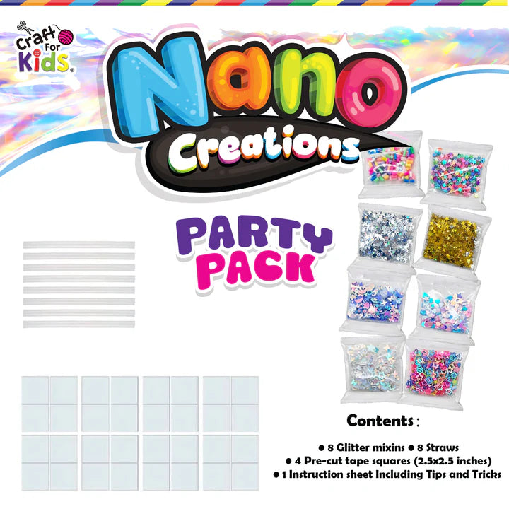 Craft for Kids Nano Creations party pack contents including glitter mix ins, straws and pre cut nano tape squares for DIY sensory bubble crafts Adventure Awaits