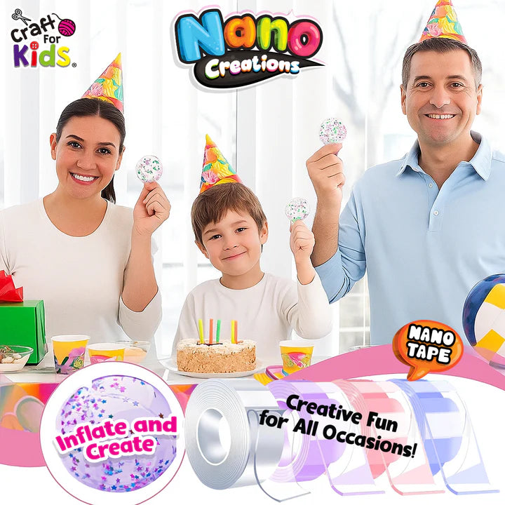 family wearing party hats using Craft for Kids Nano Creations nano tape kit to make glitter bubble creations for parties and sensory fun Adventure Awaits