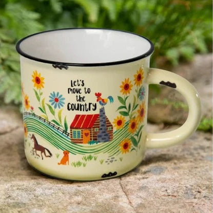 Cream country mug with cottage, flowers and “Let’s move to the country” text — Adventure Awaits