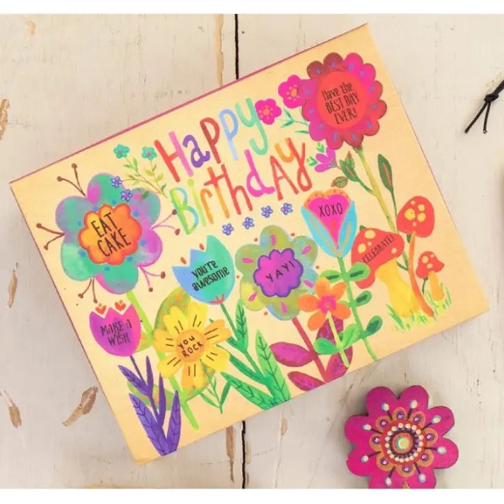 Colourful Happy Birthday floral greeting plaque with cheerful flowers, positive messages and playful artwork