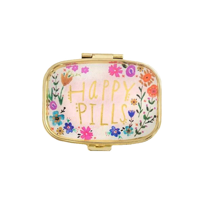 Happy Pills gold pill box with colourful floral design — a fun and practical gift for travel or handbag — Adventure Awaits