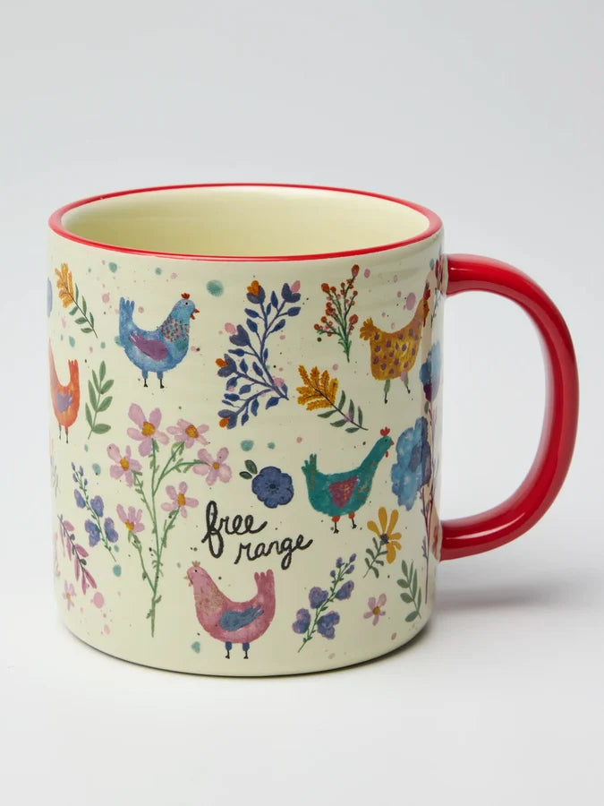 Natural Life Free Range ceramic mug with red handle, colourful chickens and floral design — Adventure Awaits