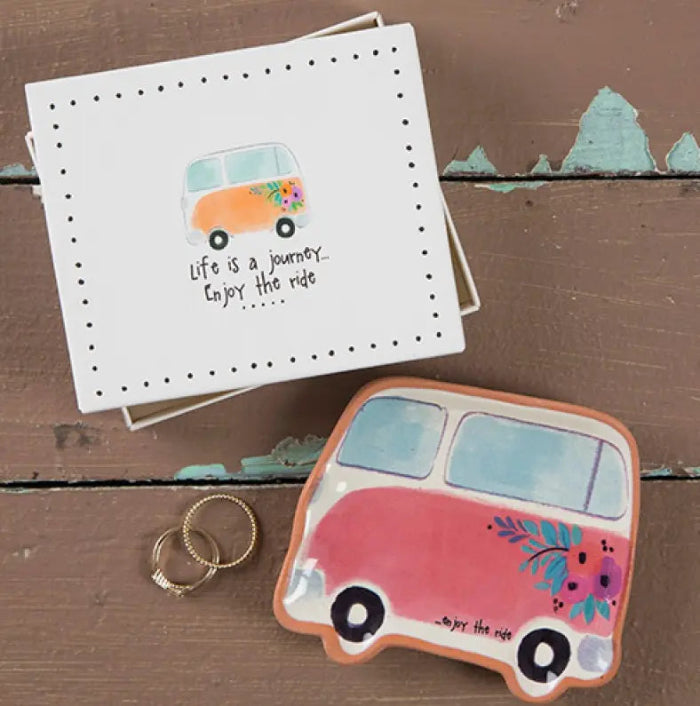 Natural Life Life Is a Journey trinket dish with colourful campervan design and matching gift box — Adventure Awaits