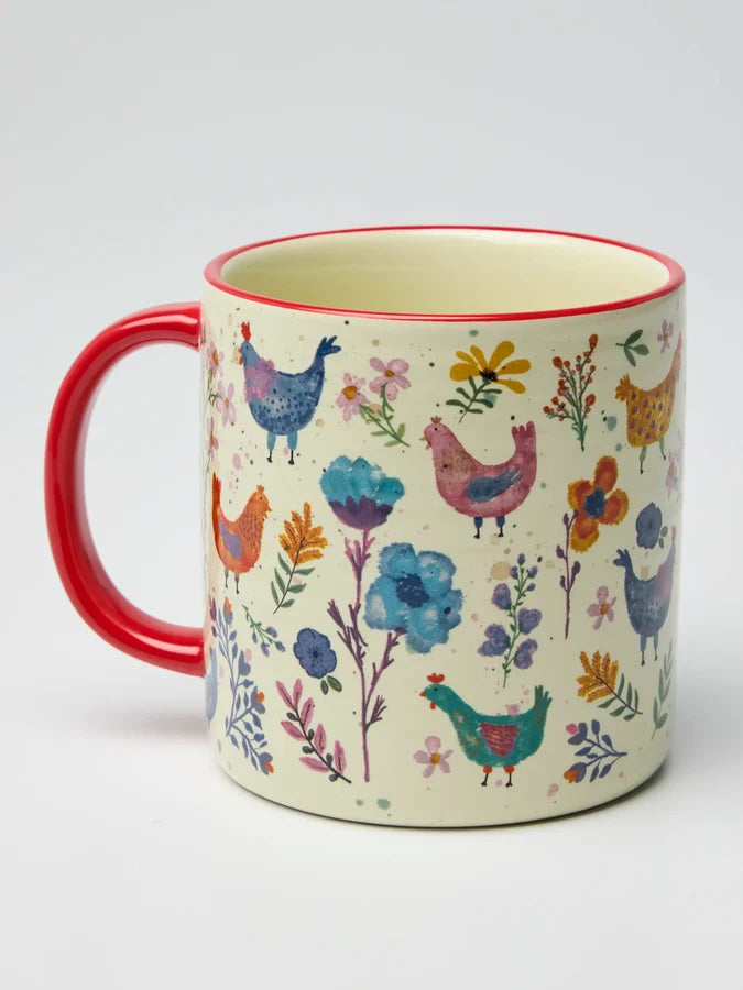 Natural Life Free Range chicken mug with colourful hens, flowers and red handle — Adventure Awaits