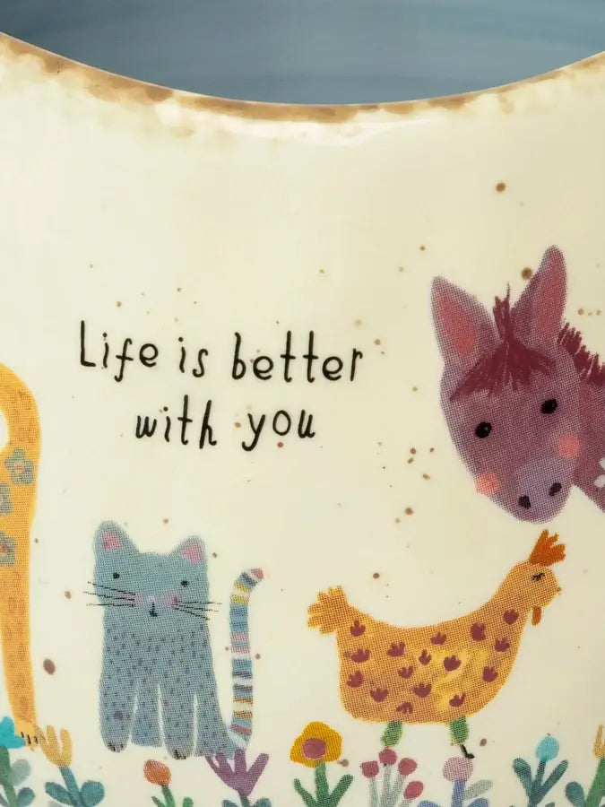 Close-up of Natural Life Life Is Better With You mug with cat, chicken and donkey illustrations — Adventure Awaits