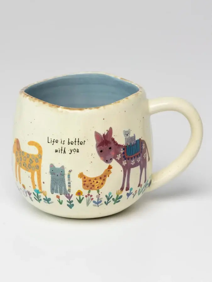 Natural Life Life Is Better With You ceramic mug with farm animals, flowers and blue interior — Adventure Awaits