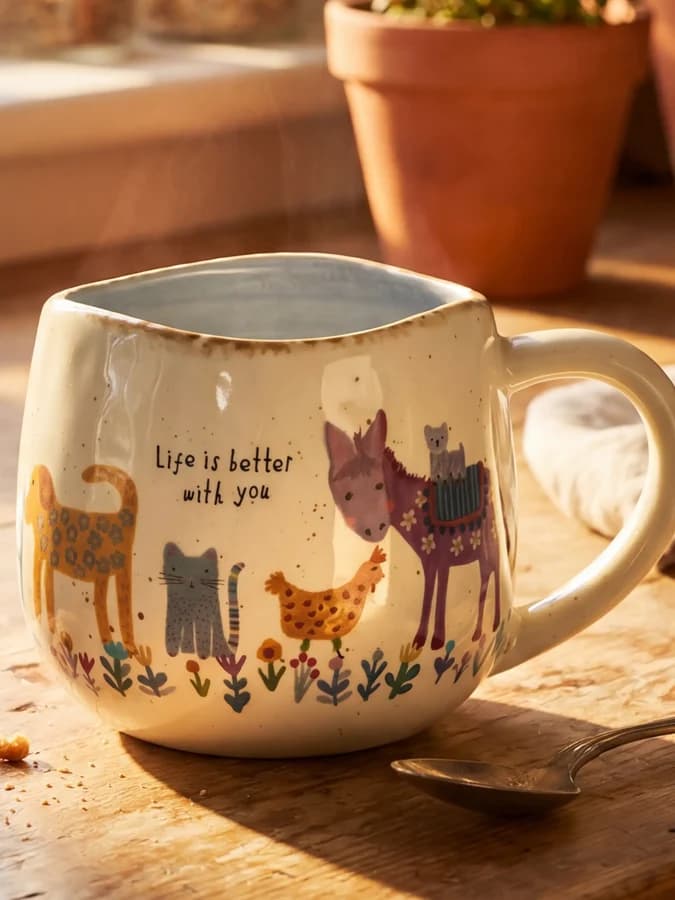Natural Life Life Is Better With You mug on a table with warm drink and farm animal design — Adventure Awaits