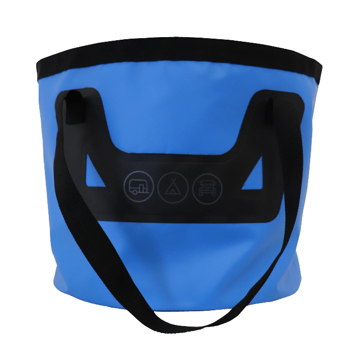 Blue and black collapsible camping bucket with carry handles for caravan and campsite use - Adventure Awaits