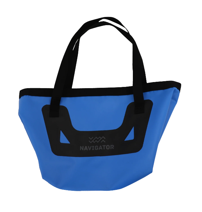 Blue Navigator Folding Bucket Buddy folded flat with black carry handles for compact caravan storage - Adventure Awaits