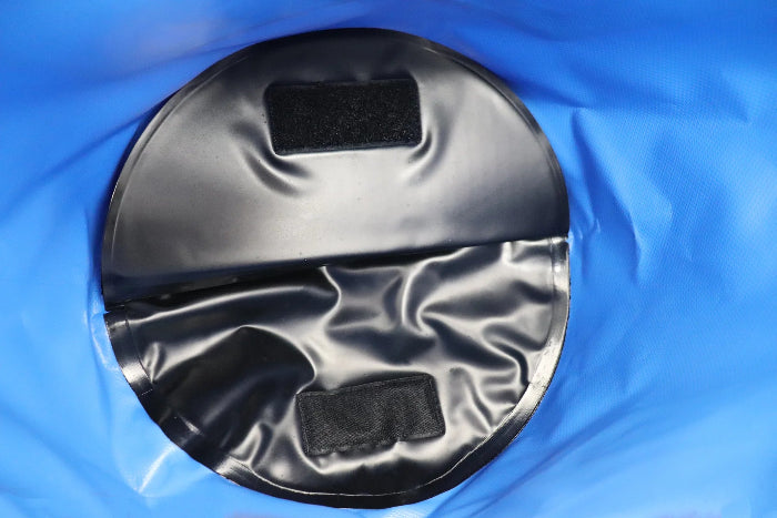 Inside the blue Navigator Folding Bucket Buddy with black reinforced base and securing tabs - Adventure Awaits