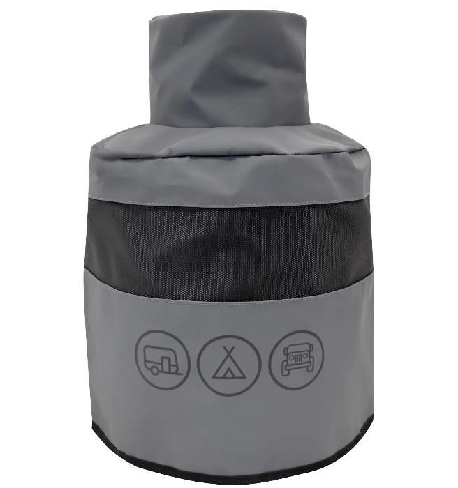 Grey Navigator Gas Bottle Buddy cover with black mesh panel for caravan gas bottle storage - Adventure Awaits