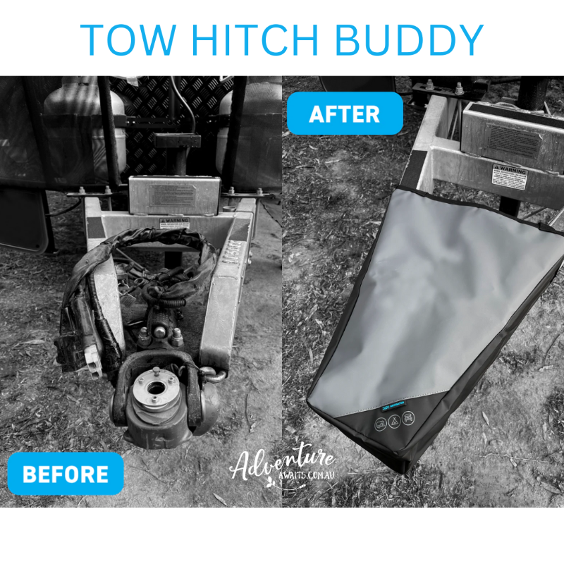 Tow Hitch Buddy caravan tow hitch cover before and after protecting chains and wiring — Adventure Awaits