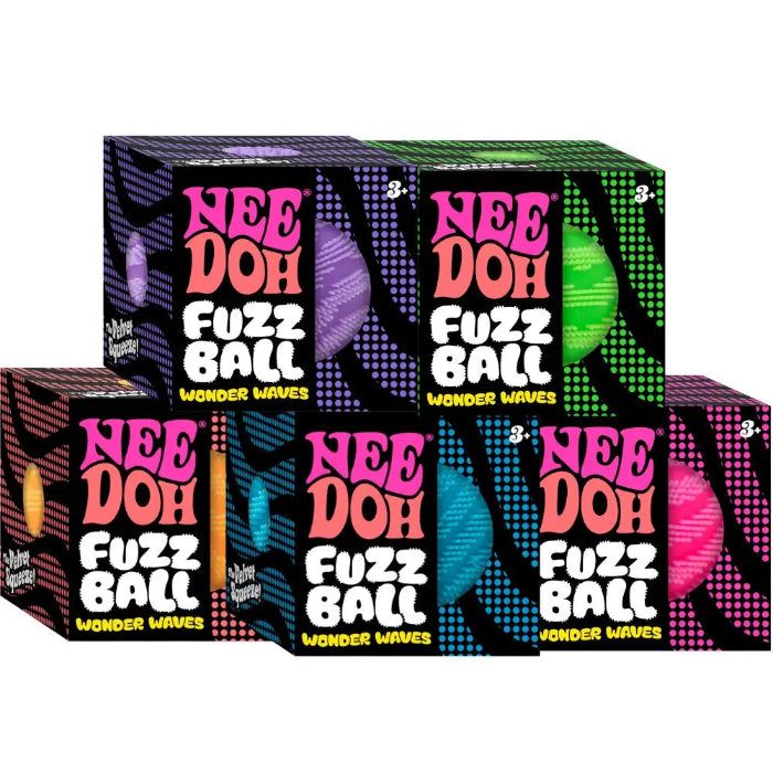 NeeDoh Fuzz Ball sensory toys in purple, green, orange, blue and pink display boxes, Adventure Awaits