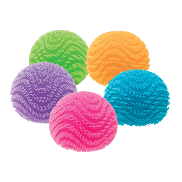 NeeDoh Fuzz Ball sensory toys in purple, green, orange, blue and pink on white background Adventure Awaits