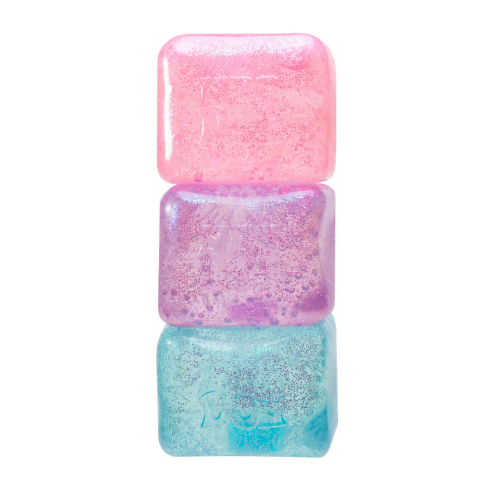 Stacked NeeDoh Nice Cubes Glitter and Glow in all colours on white background, Adventure Awaits