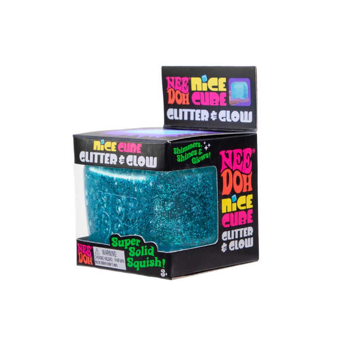 Blue NeeDoh Nice Cubes Glitter and Glow on white background, Adventure Awaits