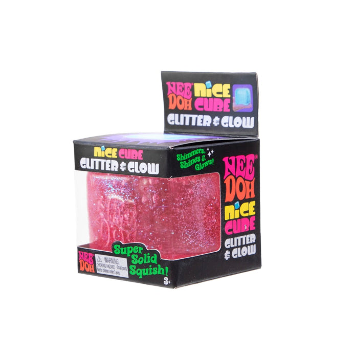 Pink NeeDoh Nice Cubes Glitter and Glow on white background, Adventure Awaits